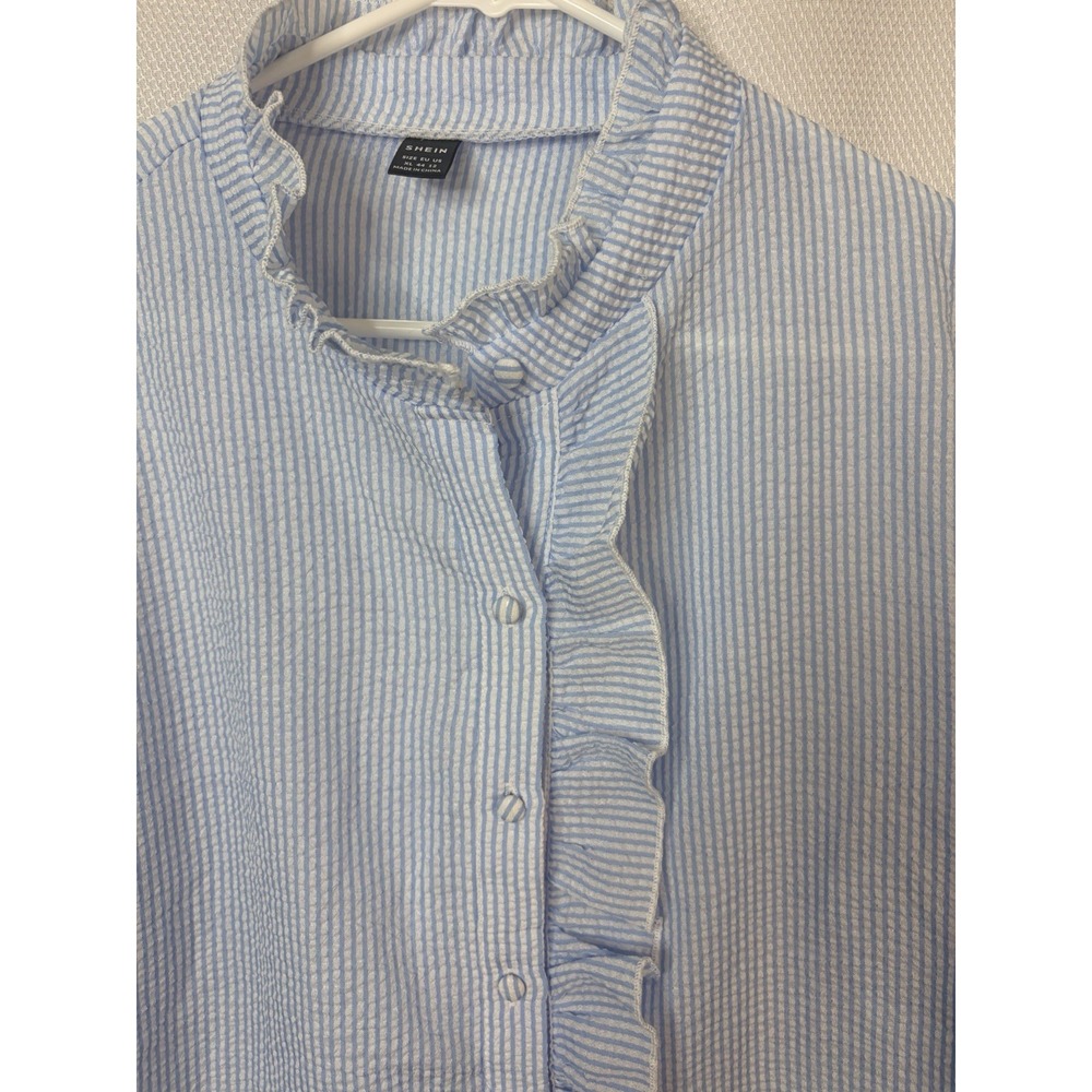 Blue White Seersucker Ruffle Blouse Mock Neck Romantic XL